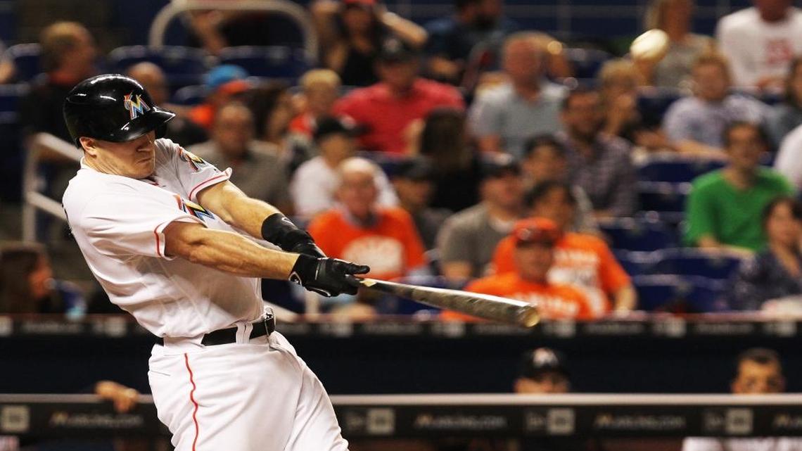 Miami Marlins catcher J.T. Realmuto gets a hit in the 5th inning of the last game of the series against the Colorado Rockies at Marlins Park on June 20, 2016.