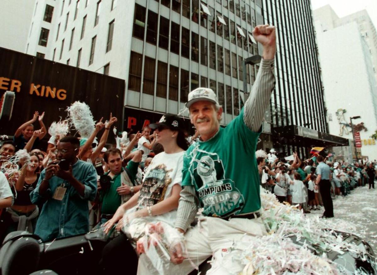 Florida Marlins manager Jim Leyland celebrates the 1997 World Series championship in downtown Miami.