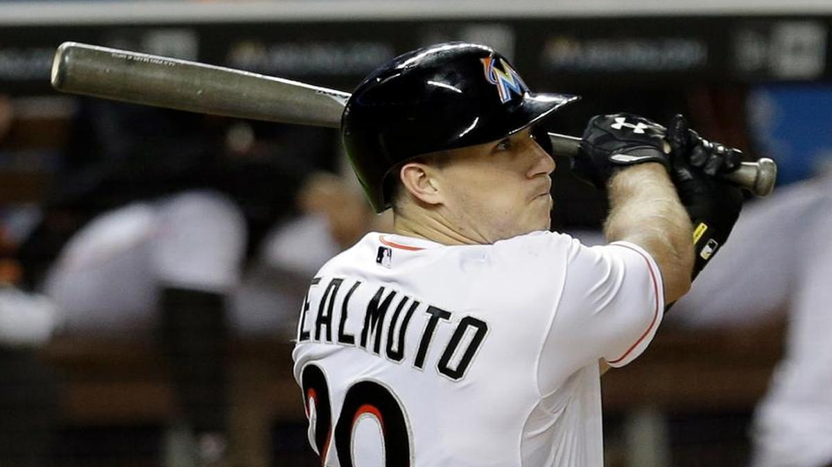 
Miami Marlins catcher J.T. Realmuto bats against the Washington Nationals on Tuesday, July 28, 2015, in Miami.
