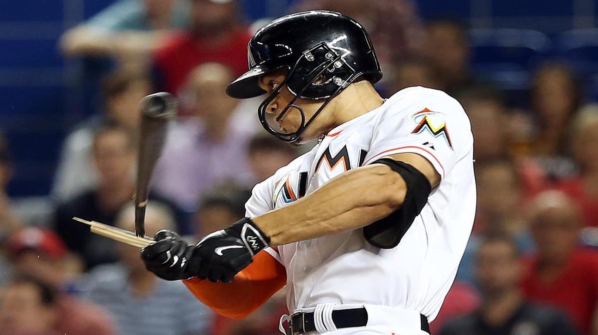 
Giancarlo Stanton breaks the bat in the second inning of the Miami Marlins' game against the St. Louis Cardinals at Marlins Park in Miami on Thursday, June 25, 2015.
