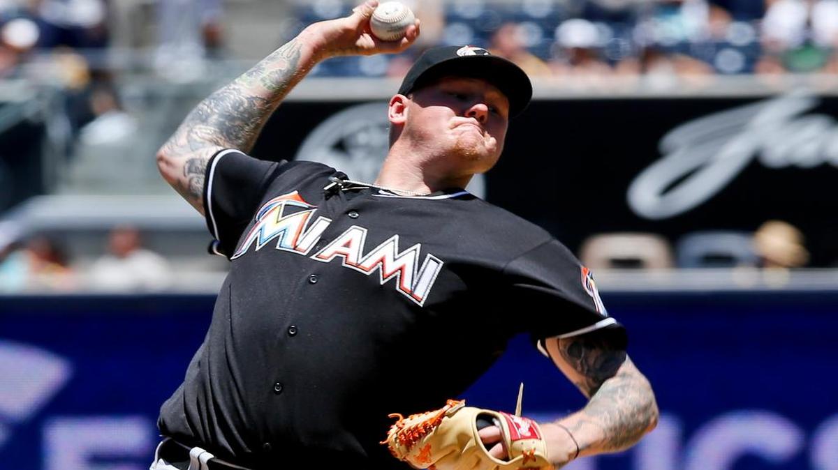 
Miami Marlins starting pitcher Mat Latos works against the San Diego Padres during the first inning in a baseball game Sunday, July 26, 2015, in San Diego. 
