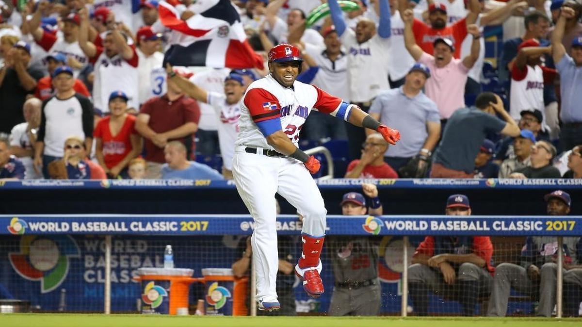 Dominican Republic right fielder Nelson Cruz reacts after hitting a three-run home run during the eight inning of a World Baseball Classic first round Pool C game against the United States at Marlins Park on Saturday, March 11, 2017, in Miami.