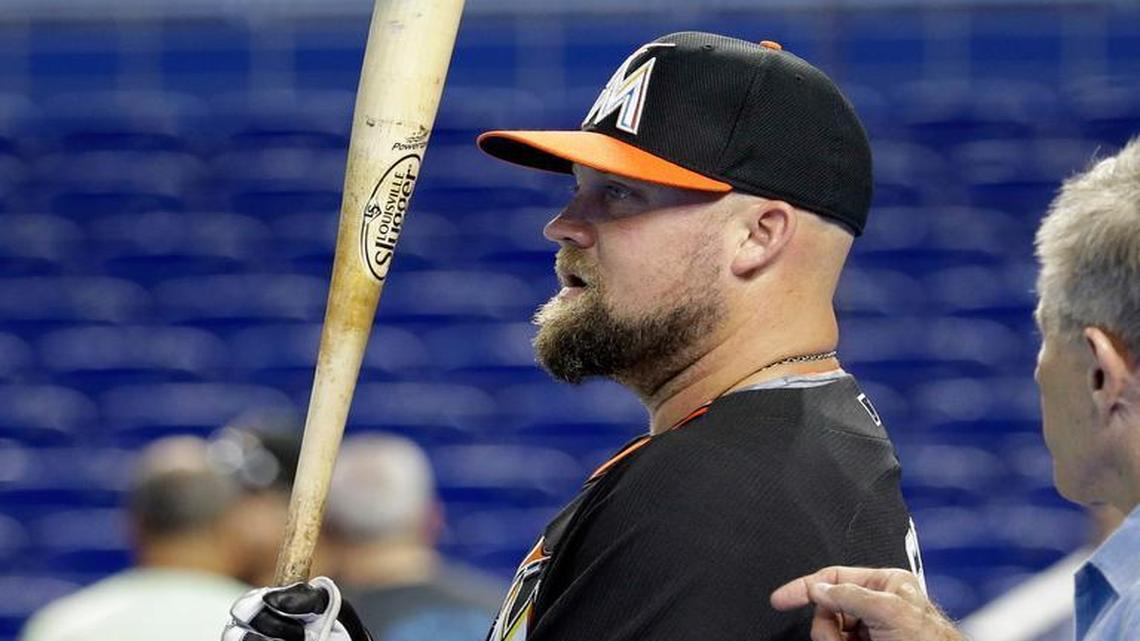 
Miami Marlins Casey McGehee waits to bat during batting practice before a game against the Cincinnati Reds, Friday, July 10, 2015, in Miami. The Marlins signed McGehee Friday after he was released by the San Francisco Giants.
