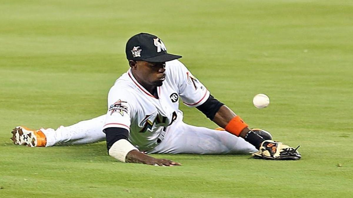 Marlins second baseman Dee Gordon missed a line drive by Braves' second baseman Jace Peterson in the third inning of the Miami Marlins and Atlanta Braves game at the Marlins Park in Little Havana in Miami on Wed., April 12, 2017.