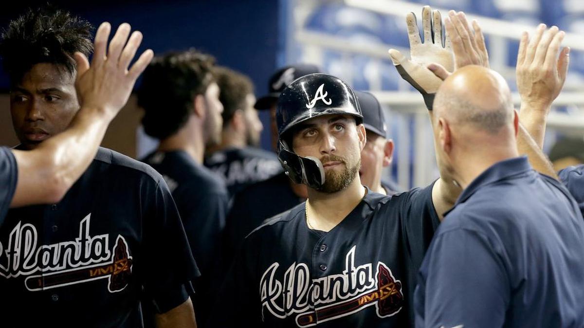 Braves players celebrate as left fielder Ronald Acu–a Jr. and center fielder Ender Inciarte scored via a double by second baseman Charlie Culberson in the fifth inning of the Miami Marlins vs Atlanta Braves game at Marlins Park, Tuesday, July 24, 2018.