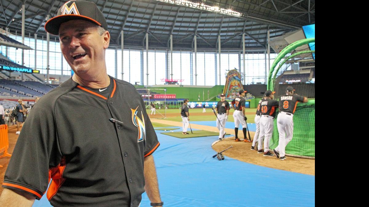 
New Marlins manager Dan Jennings looks on during batting practice before a game against the Arizona Diamondbacks at Marlins Park on Monday, May 18, 2015.
