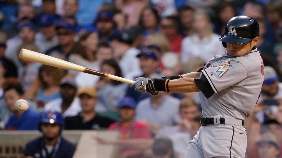 
Miami Marlins' Ichiro Suzuki, of Japan, grounds out during the sixth inning of a baseball game against the Chicago Cubs Saturday, July 4, 2015, in Chicago.
