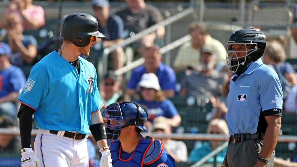 Miami Marlins designated hitter JT Riddle (10) reacts after striking out during the fifth inning of a Major League Baseball spring training game against the New York Mets at the Roger Dean Chevrolet Stadium on Tuesday, March 5, 2019 in Jupiter, FL.