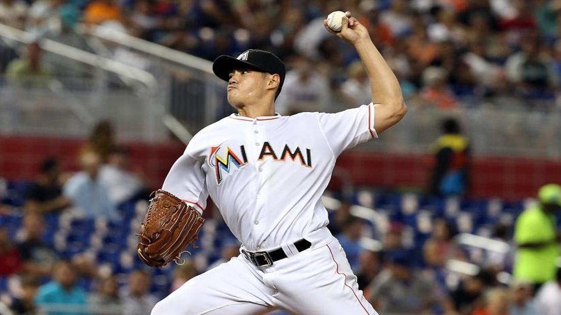 Marlins' Wei-Yin Chen, pitches during the first inning of the Miami Marlins vs Chicago Cubs game at Marlins Park Thursday, June 23, 2016.