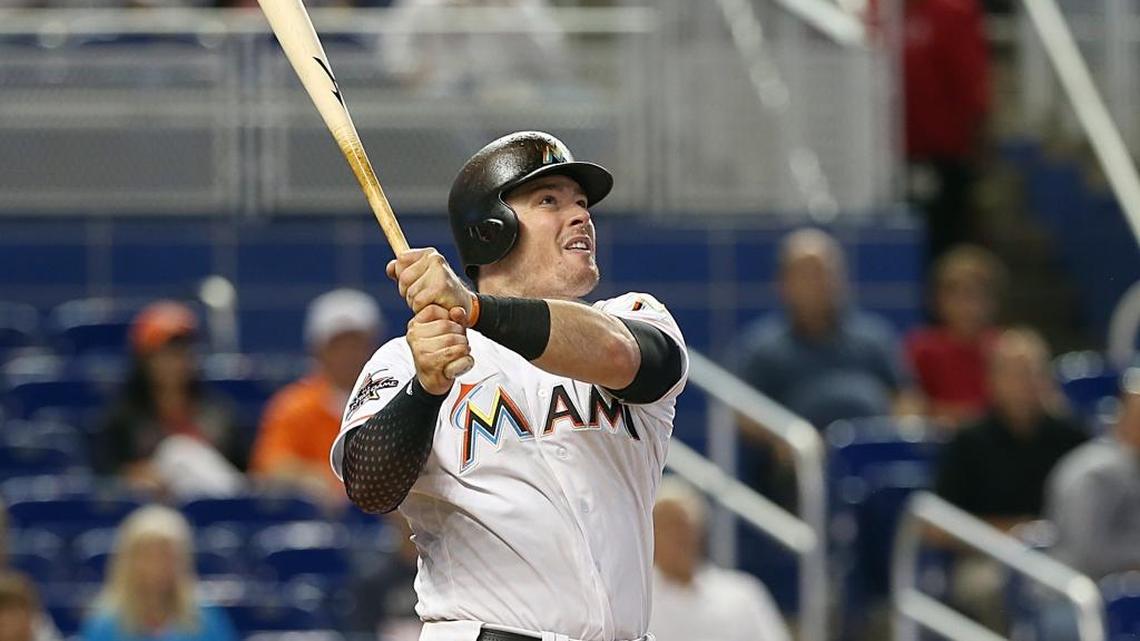 Miami’s Justin Bour hits his second home run of the game in the sixth against the visiting Phillies on May 31.