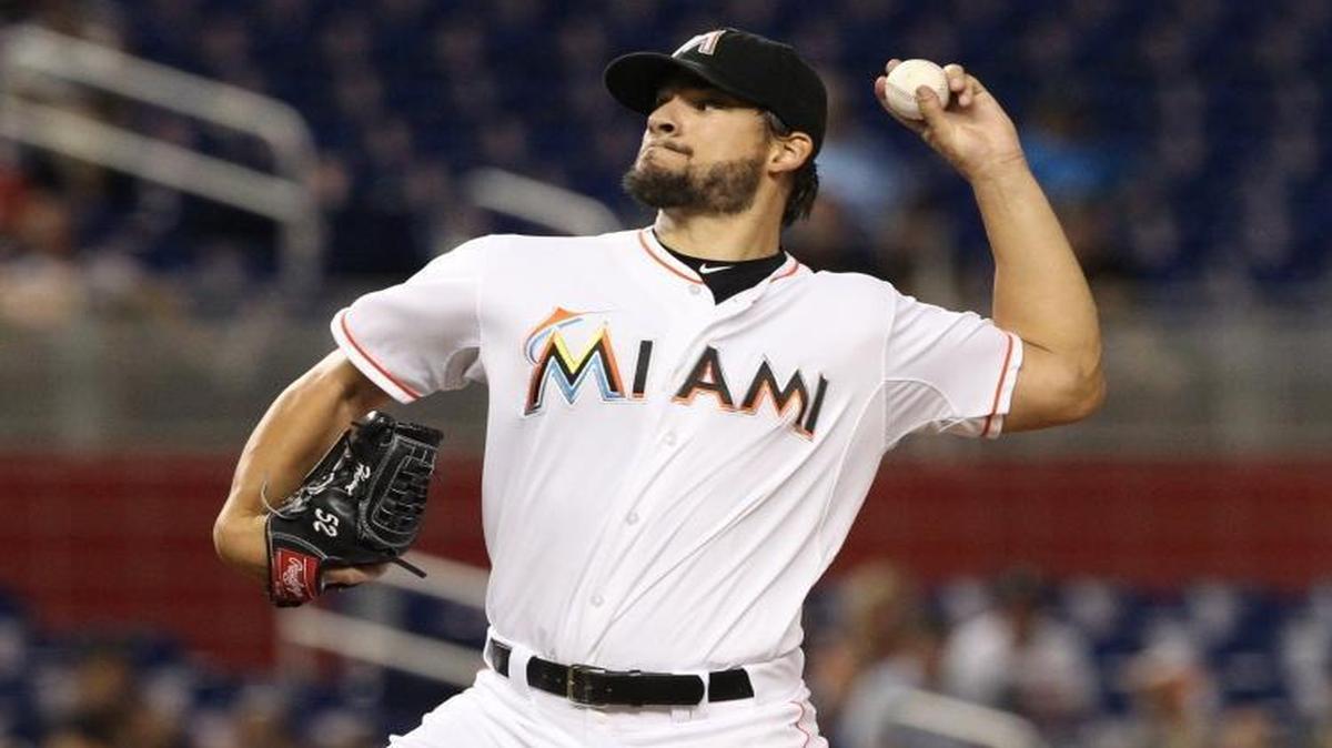 
Brad Hand of the Miami Marlins pitches in the first inning of a baseball game against the Pittsburgh Pirates on Tuesday, August 25, 2015 at Marlins Park in Miami.
