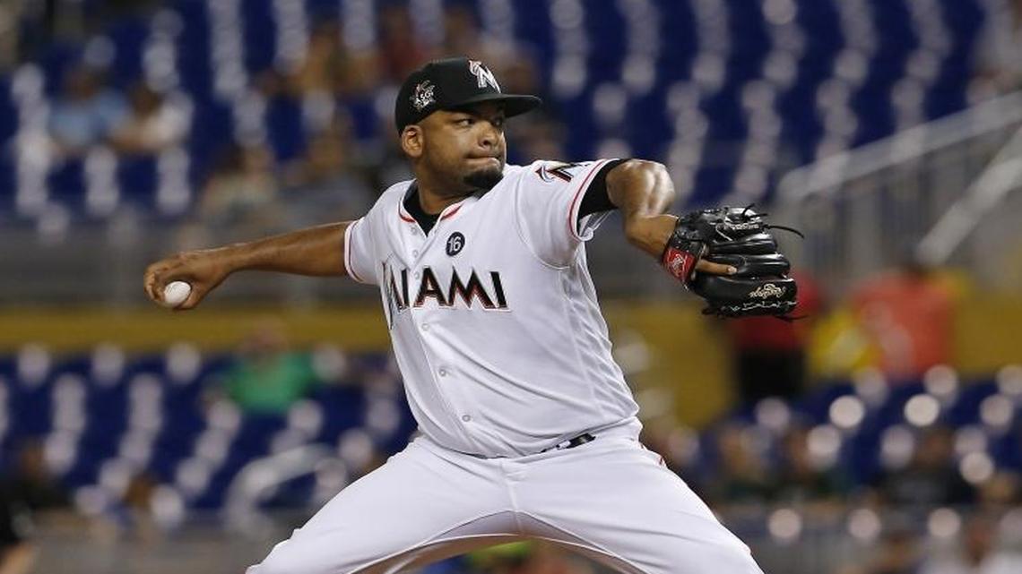 Miami Marlins pitcher Odrisamer Despaigne pitches during the second inning of a baseball game against the Washington Nationals at Marlins Park on Tuesday, September 5, 2017 in Miami.