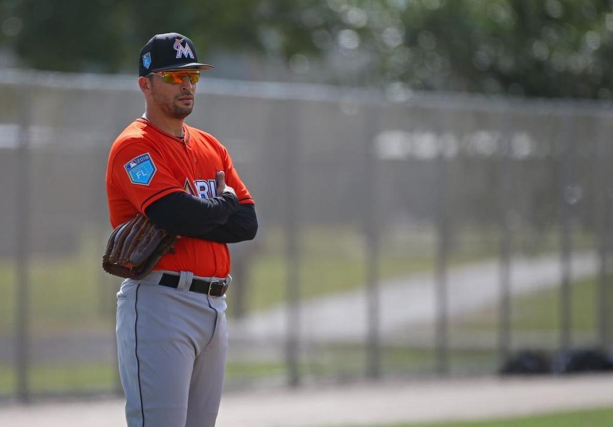 Miami Marlins infielder Martin Prado looks on during the spring training baseball workouts at Roger Dean Stadium on Tues., Feb. 20, 2018 in Jupiter, FL.