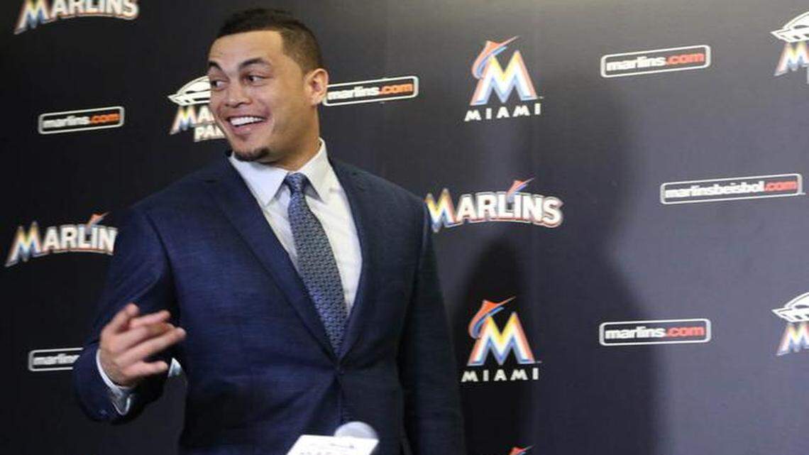 
Giancarlo Stanton signed his new contract with the Miami Marlins at a press conference at Marlins Park on Wednesday, November 19,2014.The contract is for 325 Million dollars for 13 years.
