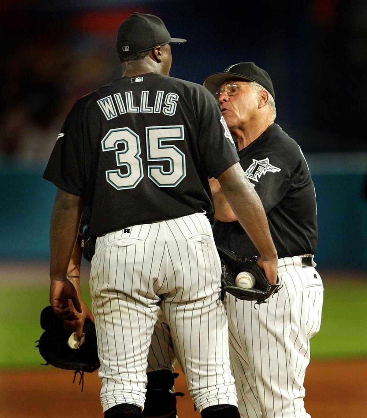Marlins manager Jack McKeon talks to Dontrelle Willis during the 2003 NLCS against the Chicago Cubs.