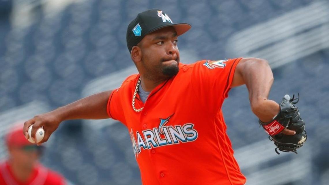 Miami Marlins pitcher Odrisamer Despaigne (43) works in the first inning of a spring training baseball game against the Washington Nationals Tues., March 20, 2018, in West Palm Beach, Fla.