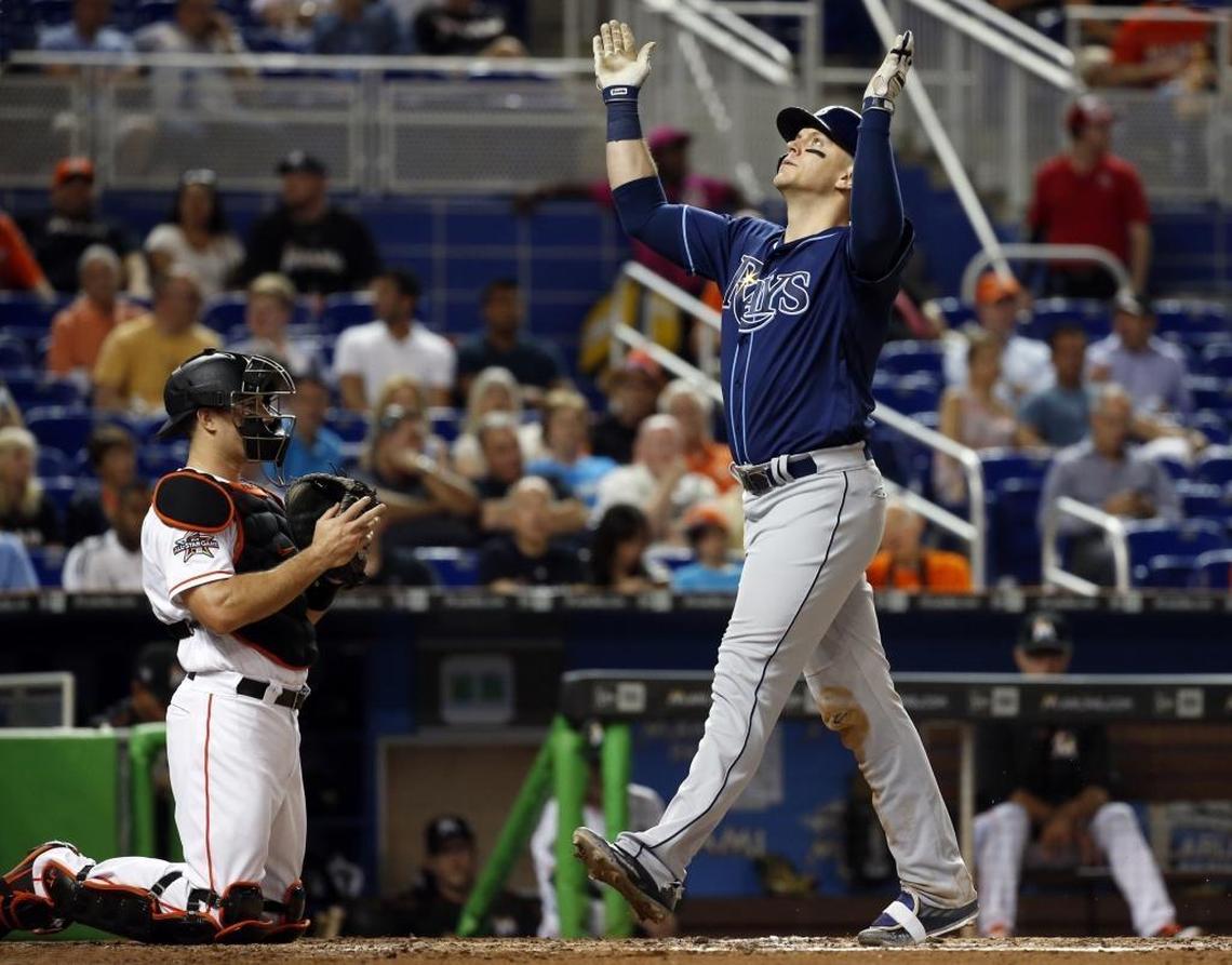 Tampa Bay Rays first baseman Logan Morrison celebrates after hitting a third-inning solo home run as the Marlins host the Tampa Bay Rays at Marlins Park on Tues., May 2, 2017.