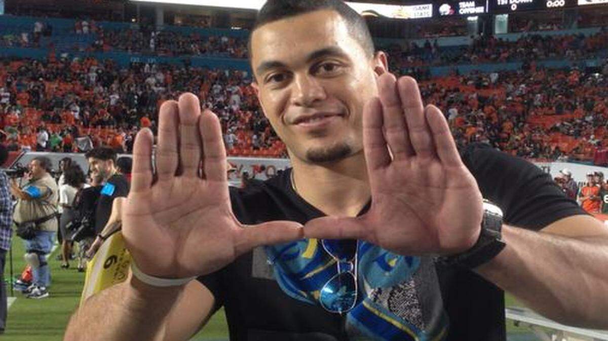 
Marlins slugger Giancarlo Stanton is shown at the UM-FSU game at Sun Life Stadium on Saturday, Nov. 15, 2014. 
