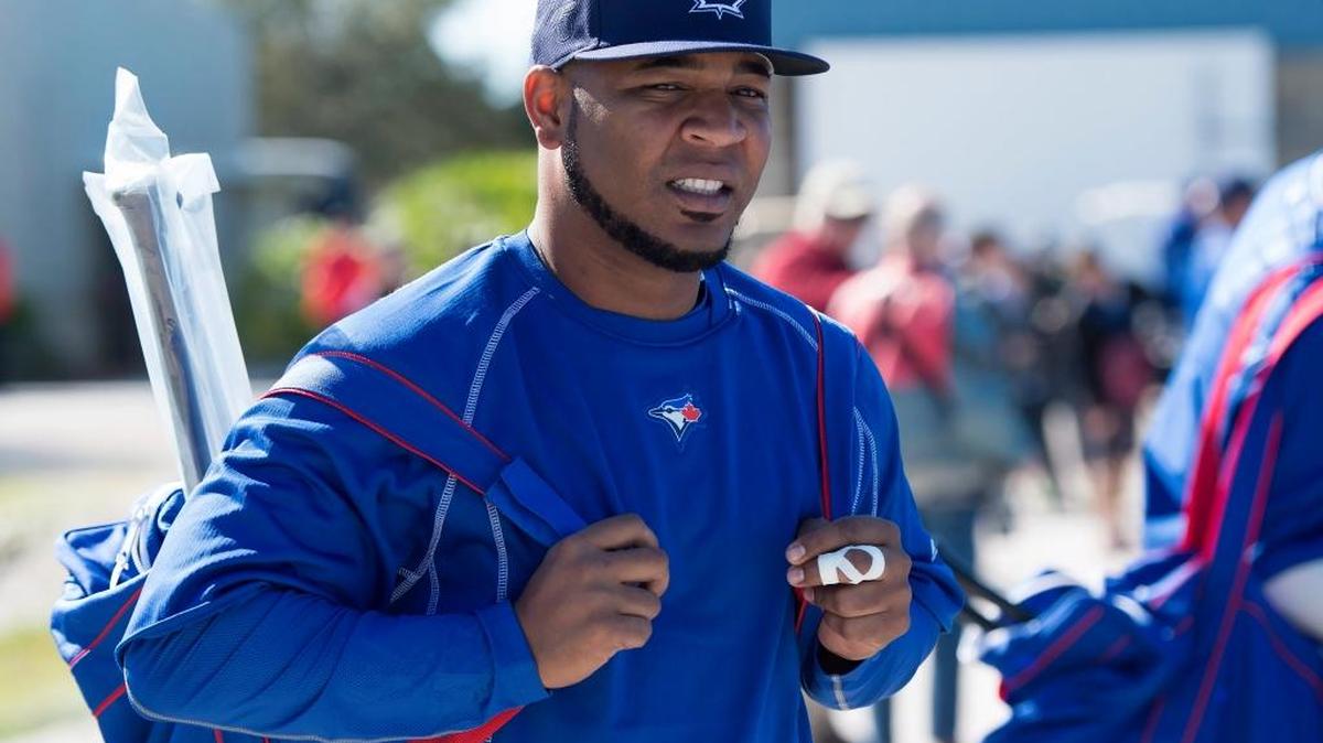 Toronto first baseman Edwin Encarnacion arrives for a workout at the Blue Jays’ long-time spring training home in Dunedin earlier this year.