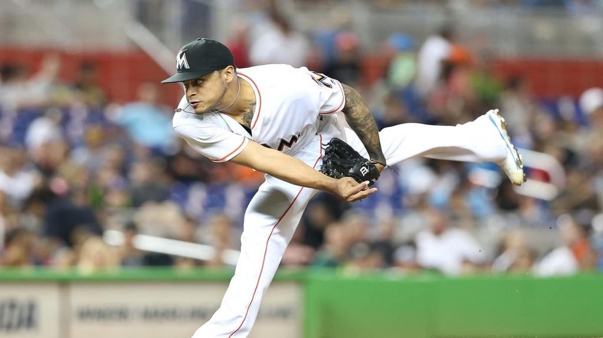Miami Marlins closer A.J.Ramos, pitches in the ninth inning of the Miami Marlins vs Cincinnati Reds game at the Marlins Park on Friday, July 8, 2016.