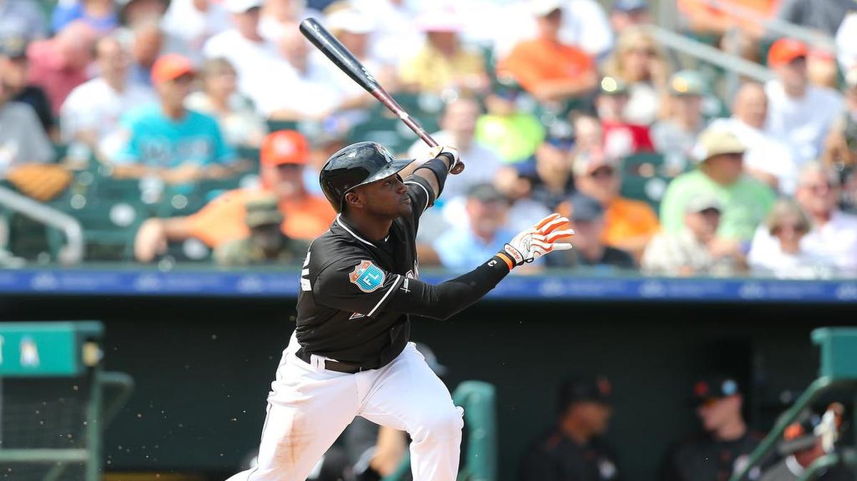 Miami Marlins shortstop Adeiny Hechavarria flies out during the second inning of a spring training baseball game against the Washington Nationals at Roger Dean Stadium in Jupiter on March 4, 2016.