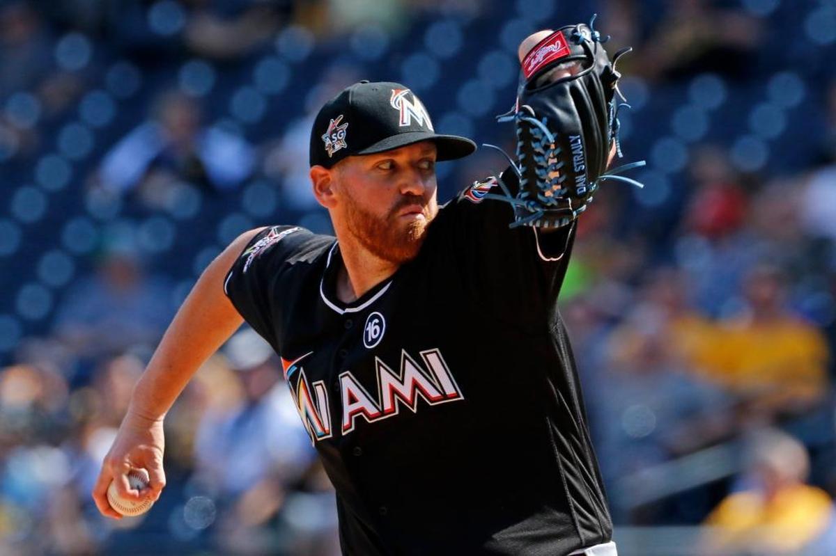Miami Marlins starting pitcher Dan Straily delivers in the first inning of a baseball game against the Pittsburgh Pirates in Pittsburgh, Saturday, June 10, 2017.
