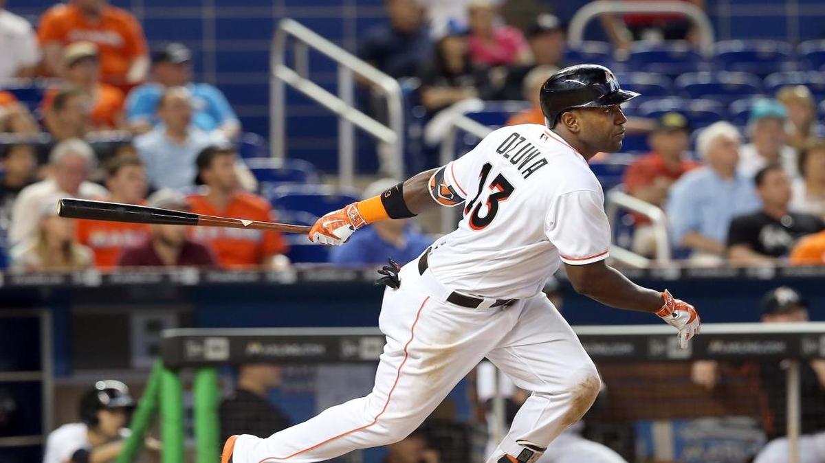 Marlins' Marcell Ozuna (CF), hits a double, in the eight inning of the Miami Marlins vs Tampa Bay Rays, game at Marlins Park in Little Havana in Miami on Tuesday, May 24, 2016.