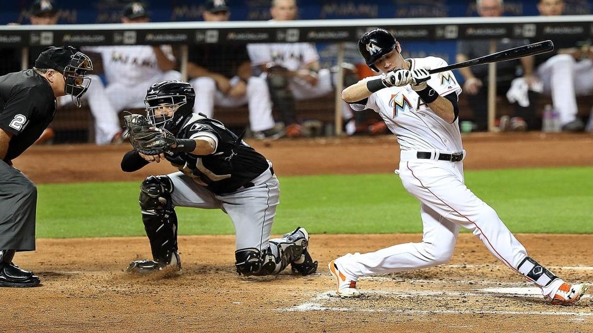 Miami Marlins' left fielder Christian Yelich strikes out swinging in the fourth inning of the Miami Marlins and Chicago White Sox game at Marlins Park in Little Havana in Miami on Fri., Aug. 12, 2016.