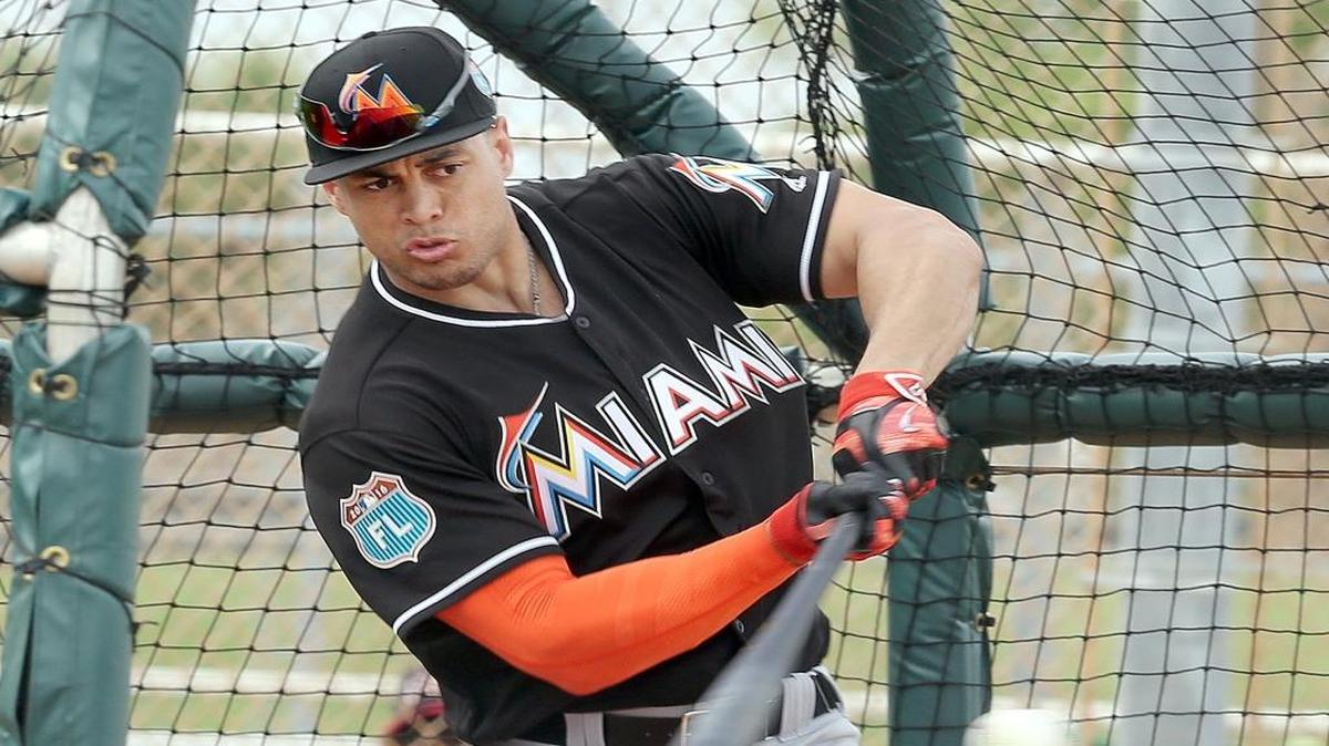 Giancarlo Stanton, of the Miami Marlins, batting during the first full squad practice of spring training at Roger Dean Stadium on Jupiter Tuesday, February 23, 2016.