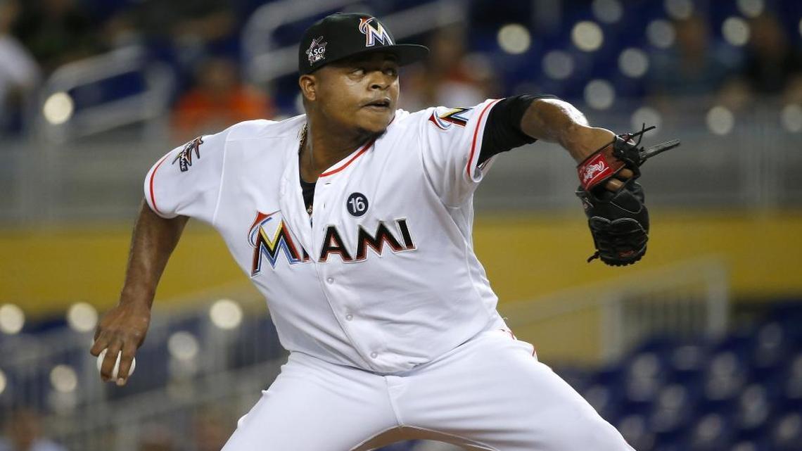 Miami Marlins pitcher Edinson Volquez pitches during the first inning of a baseball game against the Oakland Athletics at Marlins Park on Wednesday, June 14, 2017 in Miami.