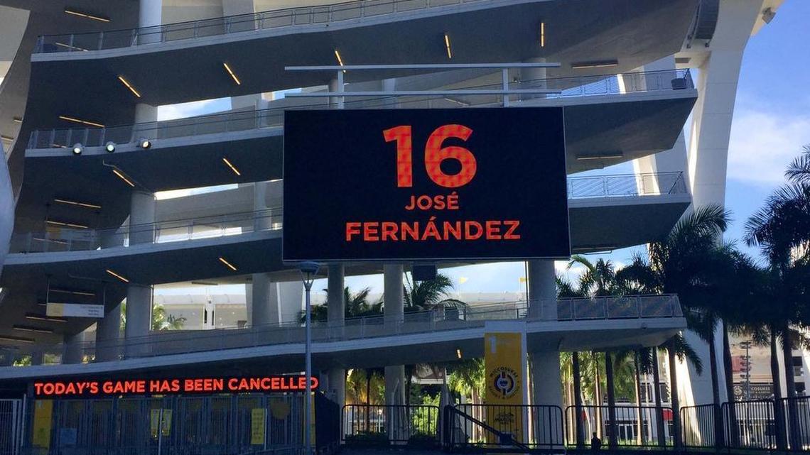 Jose Fernandez is remembered with his number displayed outside Marlins Park. Today's game has been canceled.