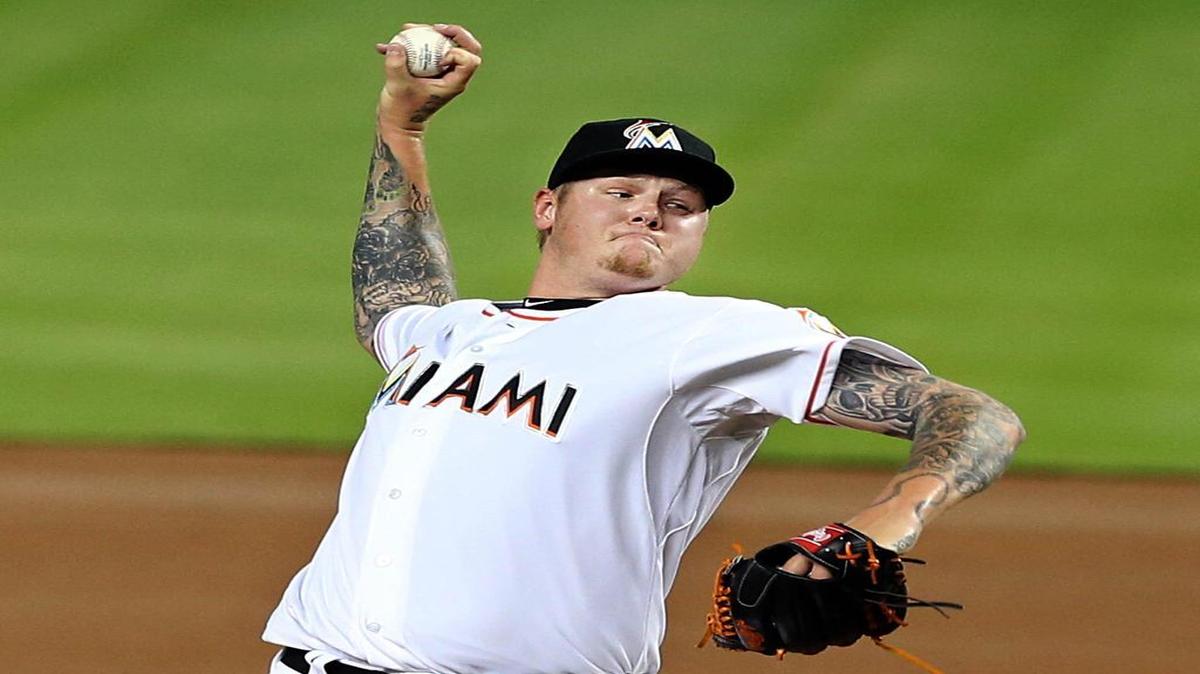 
Miami Marlins pitcher Mat Latos throws in the first inning against the Washington Nationals at Marlins Park in Miami on April 24, 2015.
