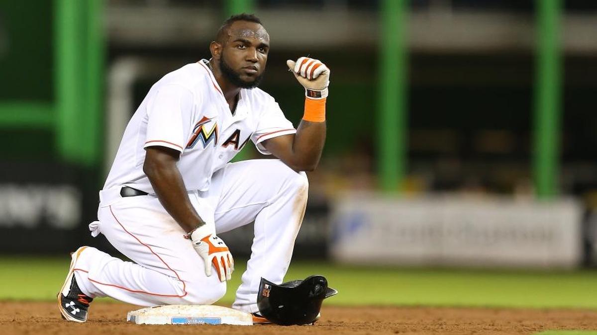 Marcell Ozuna waits for a pitching change in the third inning of the Miami Marlins’ game against the Atlanta Braves on Friday, September 25, 2015, at Marlins Park in Miami.
