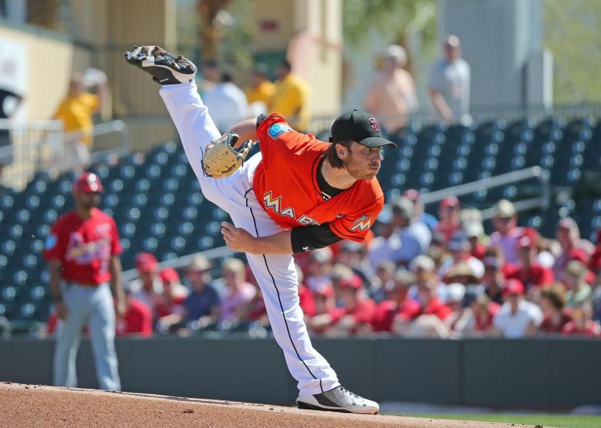 Miami Marlins pitcher Dillon Peters pitches during the first inning of a spring training baseball game against St. Louis Cardinals at Roger Dean Chevrolet Stadium on Fri., Feb. 23, 2018 in Jupiter.