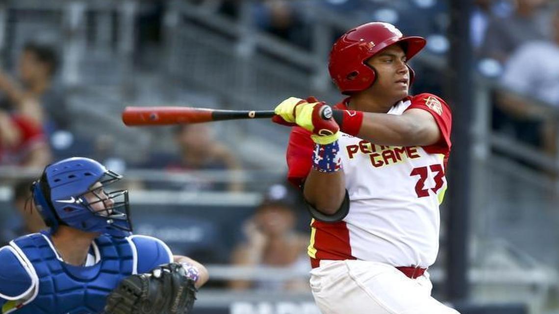 
Josh Naylor of St. Joan of Arc Catholic Secondary School in Ontario, Canada, is shown during a high school all-star baseball game Sunday, Aug. 10, 2014 in San Diego. 
