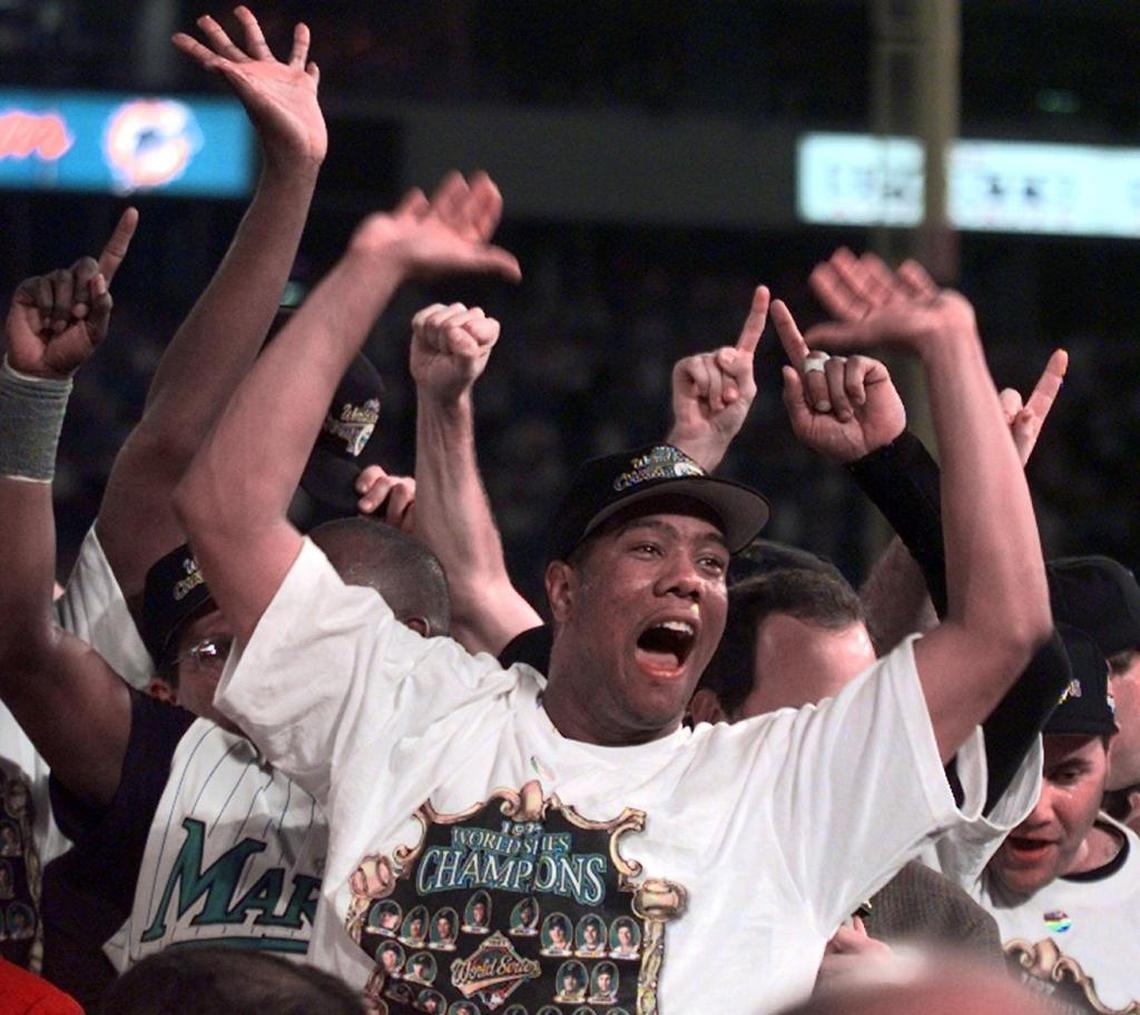 Florida Marlins ace Livan Hernandez celebrates the World Series championship in 1997.