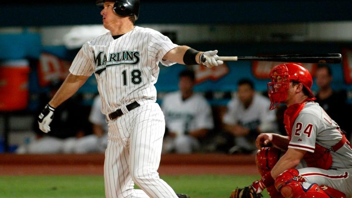Jeff Conine hits a three-run homer in 2003.