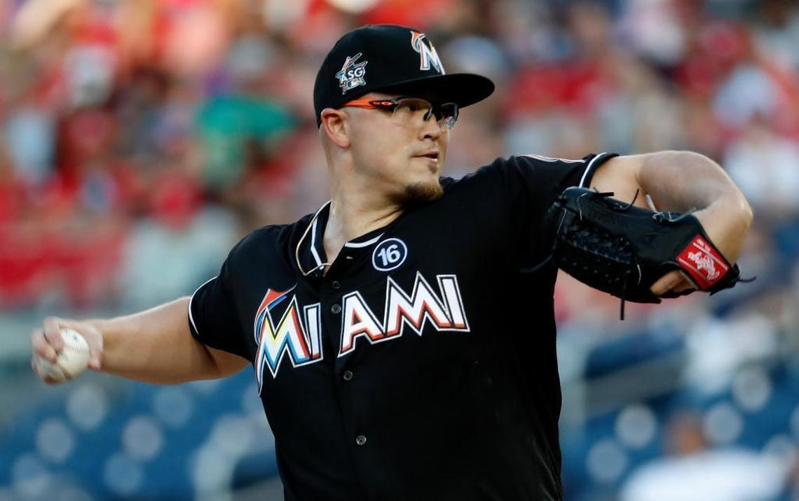 Miami Marlins starting pitcher Vance Worley (45) throws during the first inning of baseball game against the Washington Nationals, Tues., Aug. 8, 2017, in Washington.