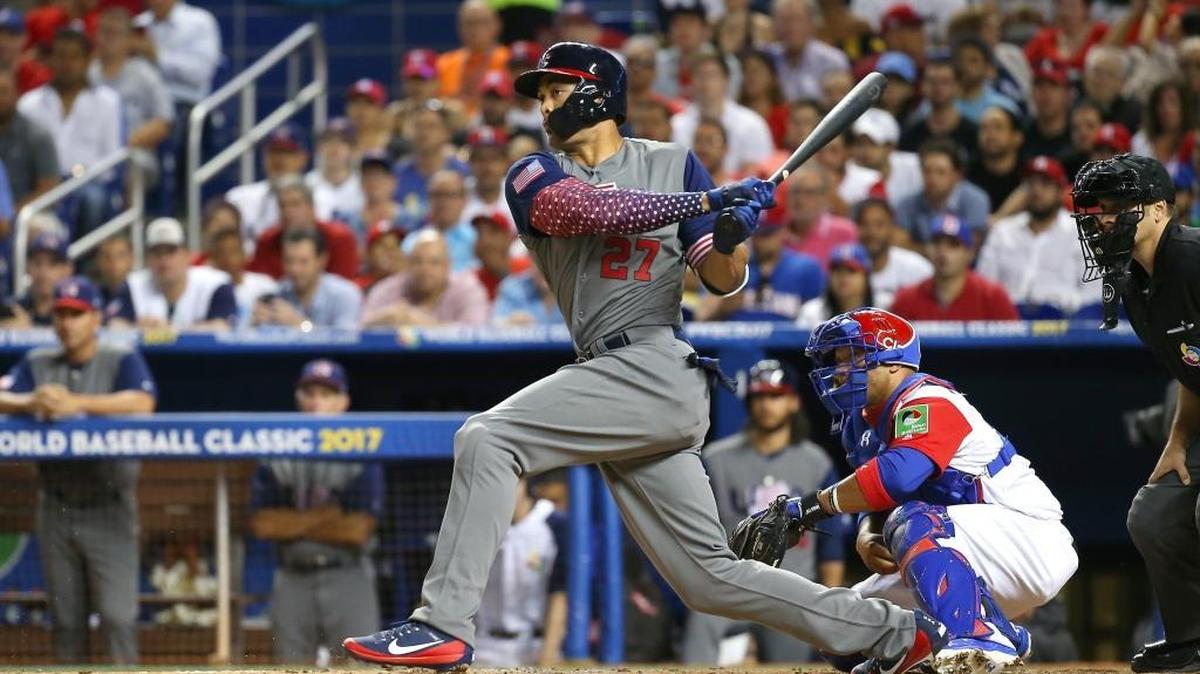 United States right fielder Giancarlo Stanton bats during the second inning of a World Baseball Classic first round Pool C game against the Dominican Republic at Marlins Park on Sat., March 11, 2017 in in Miami. Dominican Republic won 7-5.