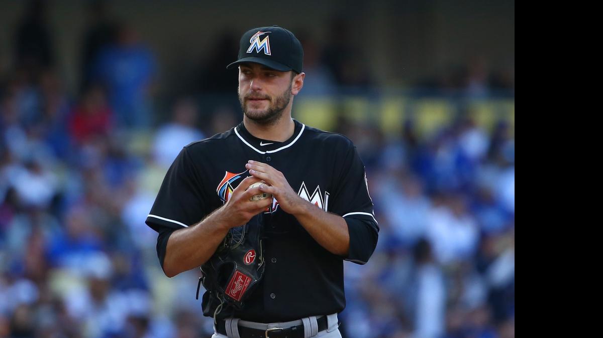 
Jarred Cosart of the Miami Marlins looks on after giving up a run on a wild pitch in the fourth inning against the Los Angeles Dodgers on May 13, 2015 in Los Angeles.
