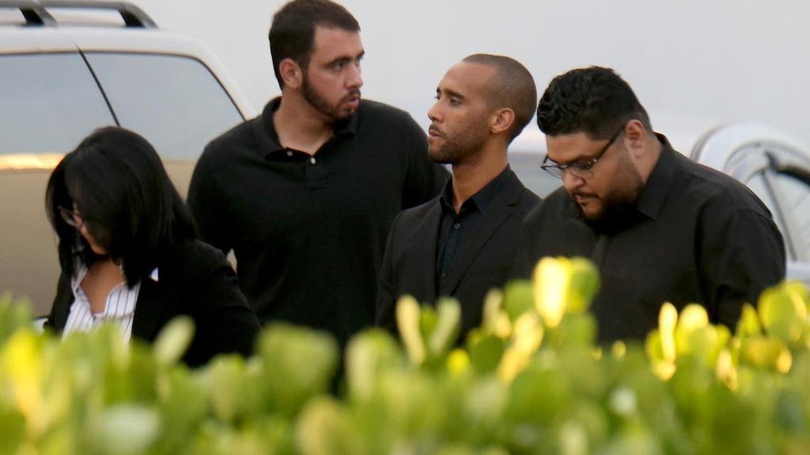 High school friends including Jon Montesino (center) arrive to show their respects at the wake for Eddy Rivero at the Bernardo Garcia Funeral Home in Hialeah on Tuesday, September 27, 2016. Rivero was one of the young men killed in the boating crash involving Miami Marlins pitcher José Fernández on Sunday, September 25, 2016 off of Miami Beach.