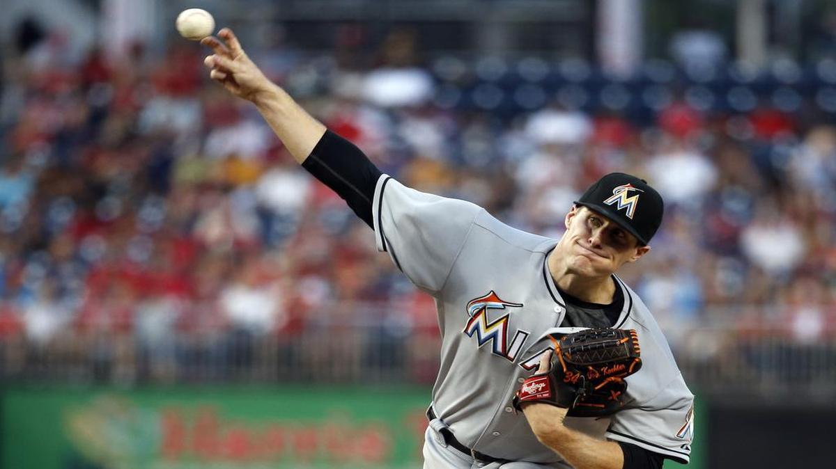 
Miami Marlins starting pitcher Tom Koehler throws during the first inning of a baseball game against the Washington Nationals at Nationals Park, Saturday, Aug. 29, 2015, in Washington. 
