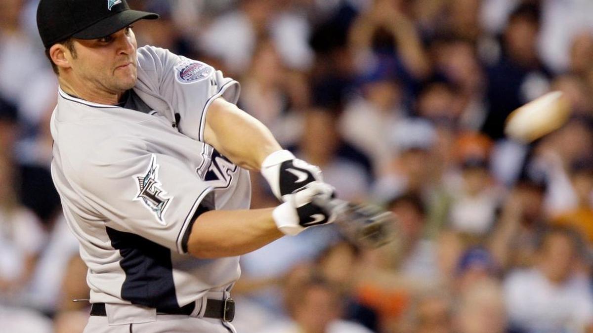 Florida’s Dan Uggla takes a cut at the All-Star Home Run Derby at Yankee Stadium on Monday, July 14, 2008.