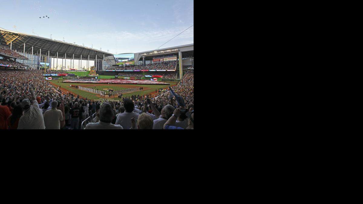
The Miami Marlins play the St. Louis Cardinals at Marlins Park on Opening Day in 2012. 
