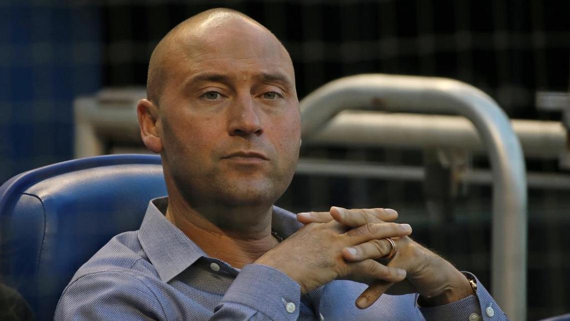 Miami Marlins CEO Derek Jeter looks on before the start of a Major League Baseball game against the Chicago Cubs at Marlins Park on Friday, March 30, 2018.