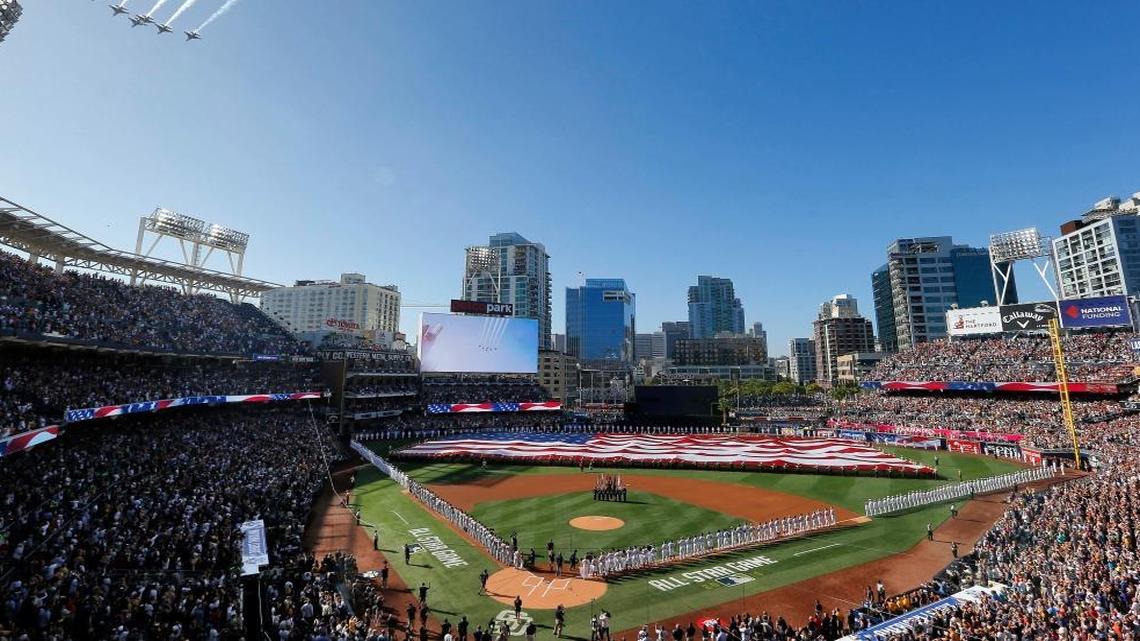 Jets fly above Petco Park during the national anthem prior to the MLB baseball All-Star Game, Tues., July 12, 2016, in San Diego. Next year the scene will shift to Miami and Marlins Park.