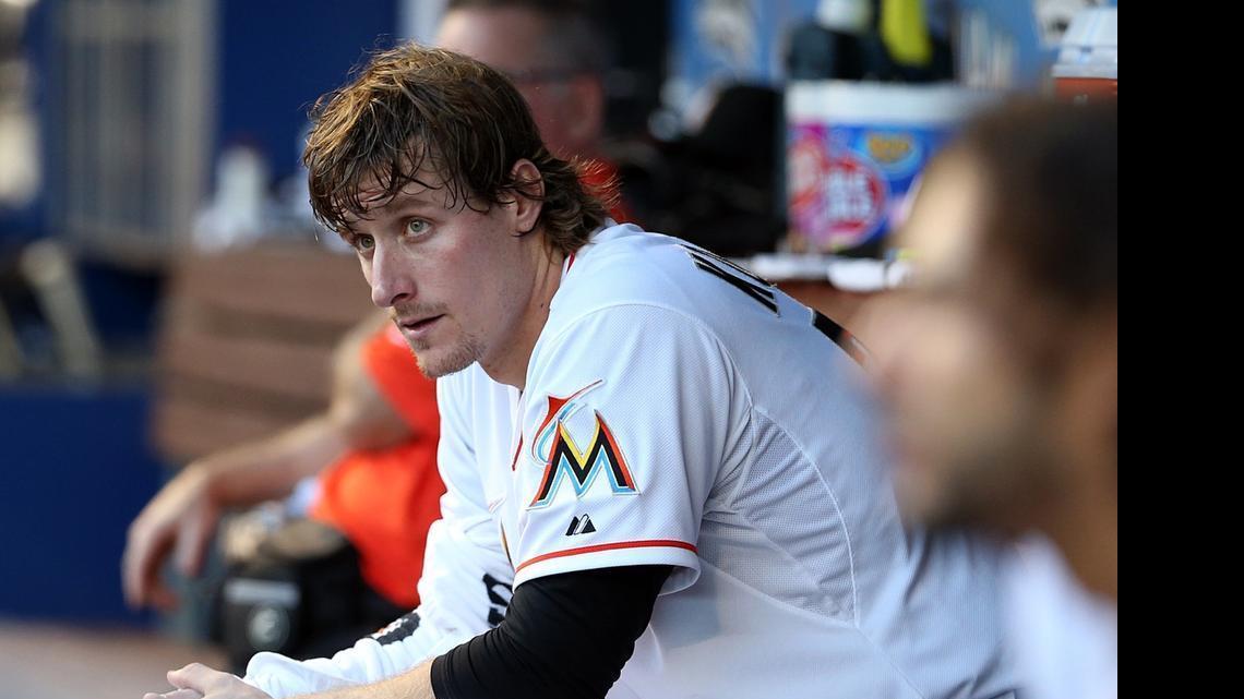 
Miami Marlins starting pitcher Tom Koehler looks on from the dugout during a 4-2 loss to the Arizona Diamondbacks at Marlins Park on Tuesday, May 19, 2015.
