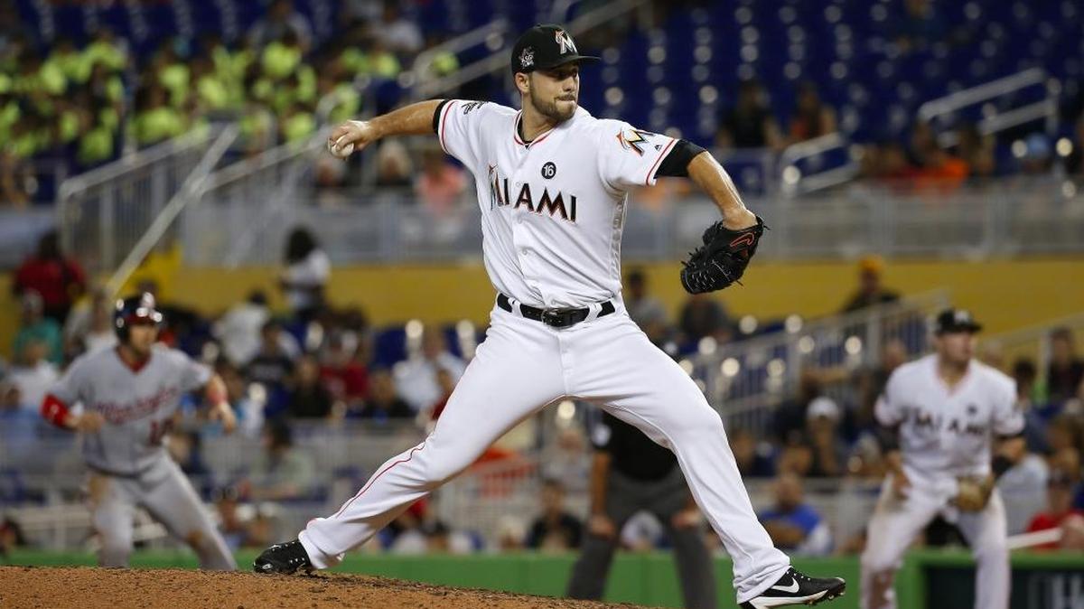 Miami Marlins pitcher Kyle Barraclough pitches during the eighth inning of a baseball game against the Washington Nationals at Marlins Park in Miami on June 21, 2017.