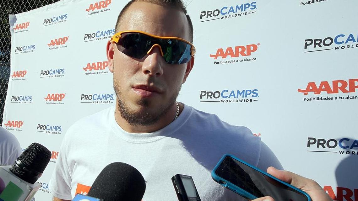 Miami Marlins pitcher Jose Fernandez speaks with media during the Jose Fernandez Parent and Child Baseball ProCamp, sponsored by AARP, at Hank Kline Boys & Girls Club fields in Miami on Saturday, December 12, 2015.