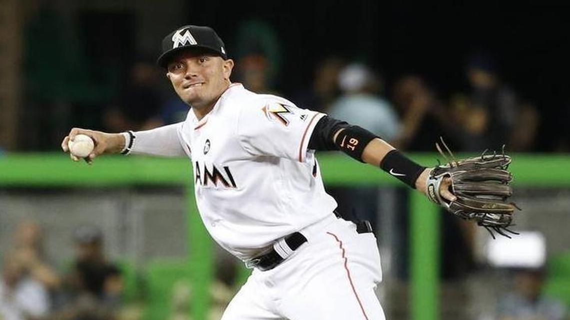 Miami Marlins short stop Miguel Rojas (19) throws in the second inning as the Marlins host the Tampa Bay Rays at Marlins Park on Tues., May 2, 2017.